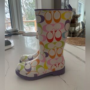 Coach Signature Logo Rain Boots Size 9 Multicolor Rubber Mid-Calf Waterproof